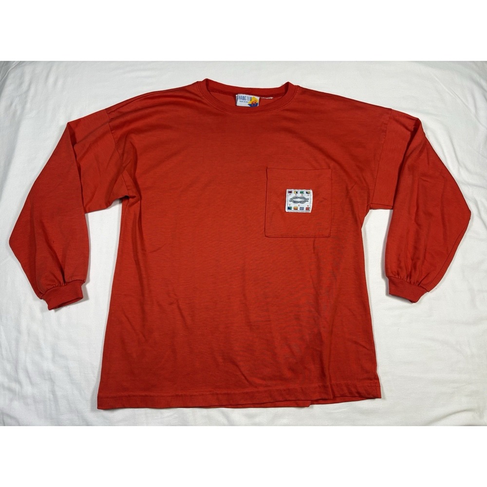 Vtg‎ 80s Hang Ten Long Sleeve Pocket T Shirt Mens M Red Nautical Flag Surf USA